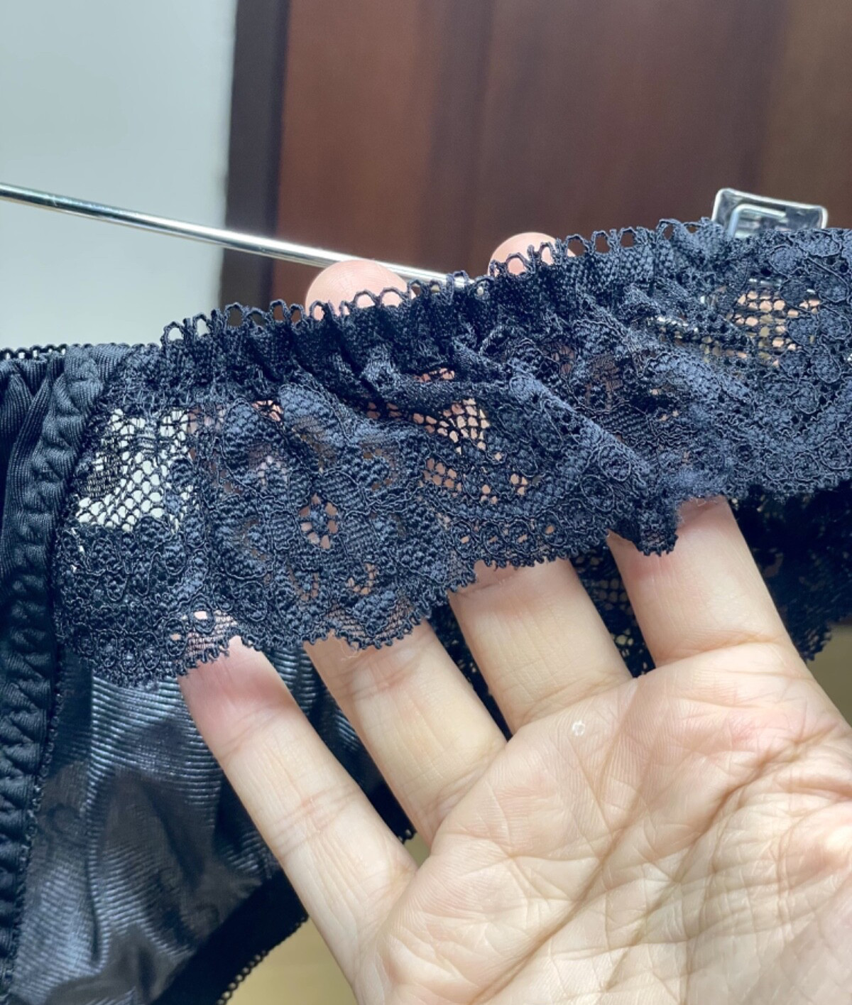 Vtg Deep Black Polyester Spandex String Panty Sz.5~6 Sheer Floral Lace Briefs