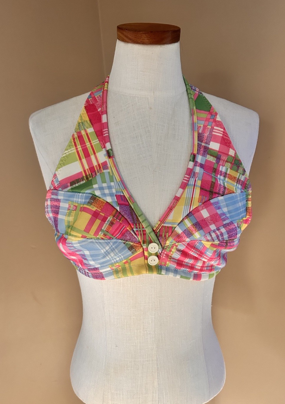 Vintage 1960s Madras Plaid Halter Bikini Swimsuit Top Sz 38