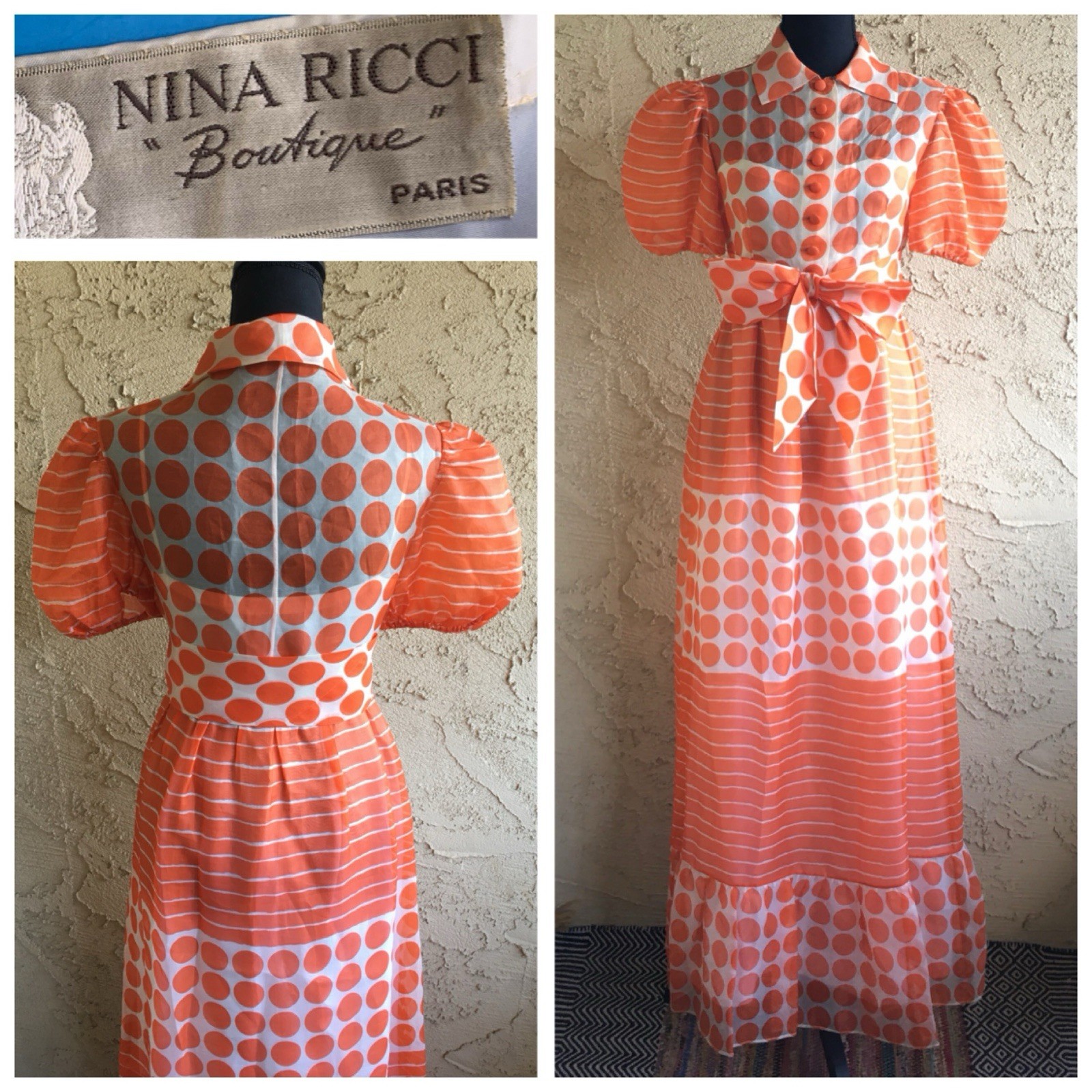 NINA RICCI BOUTIQUE PARIS Orange Polka Dot Dress Vintage 1960s – 70s *Sz Petite