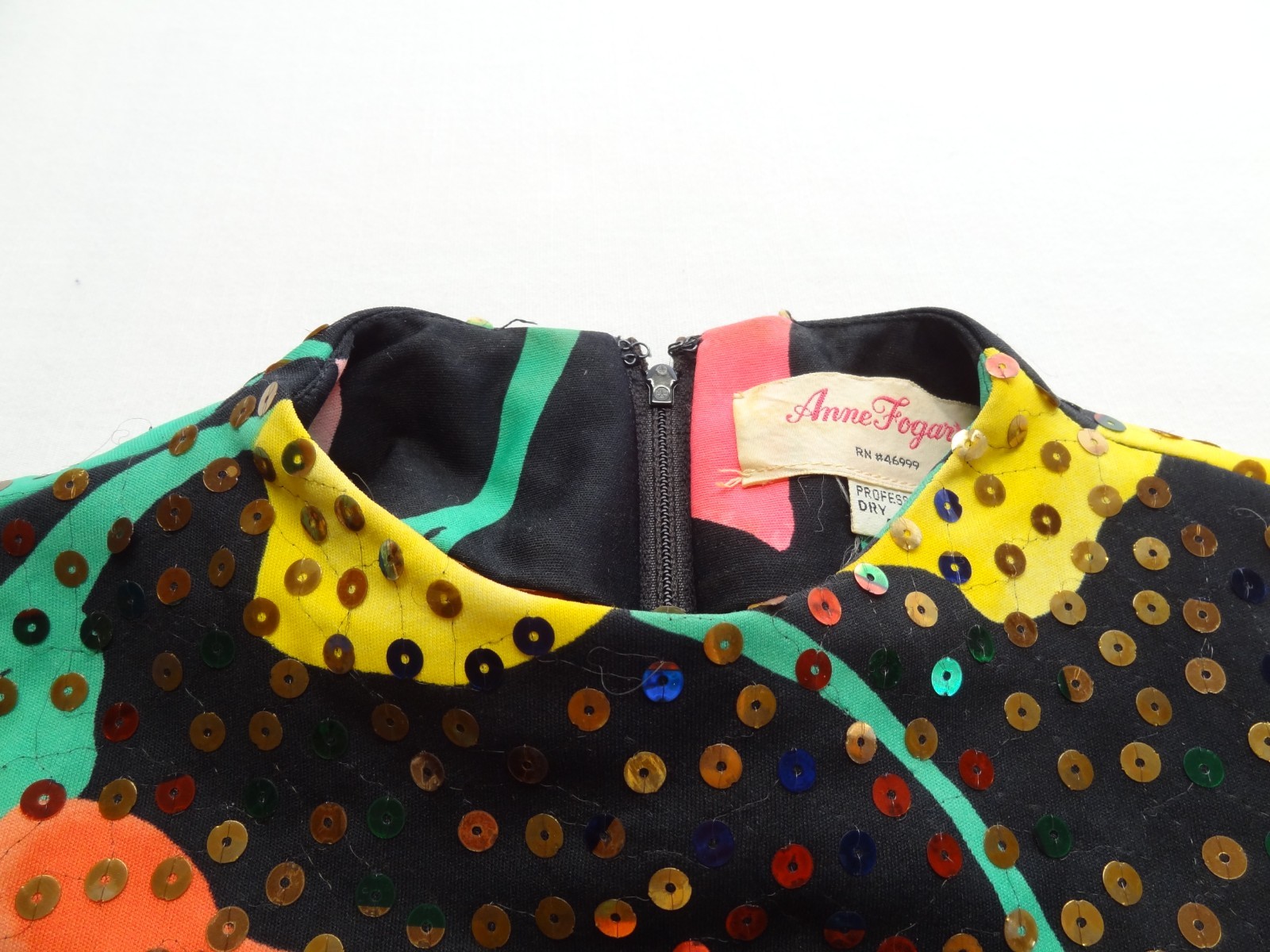 Anne Fogarty 16 Sequin Floral Long Sleeve Mod Dress ILGWU Union USA 60s 70s Boho