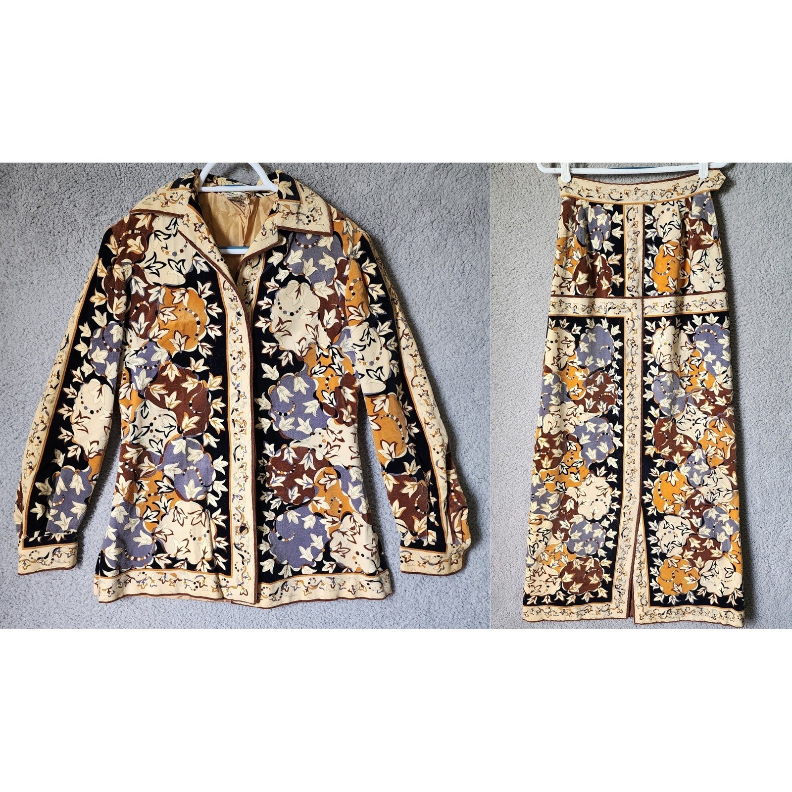 Vtg 70s Emilio Pucci Saks Skirt Set Women 12 Floral Velvet Jacket Maxi Skirt