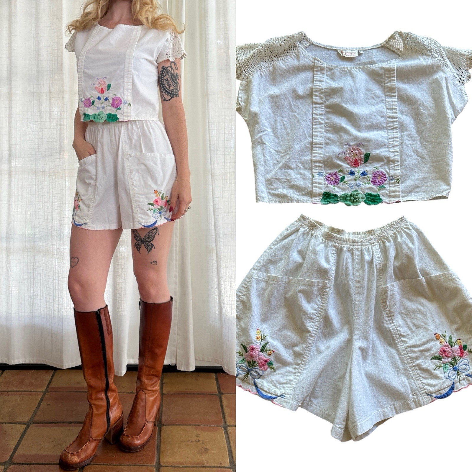 1970s Embroidered Cotton Matching Set Cottage Boho Hippie Vintage 70s