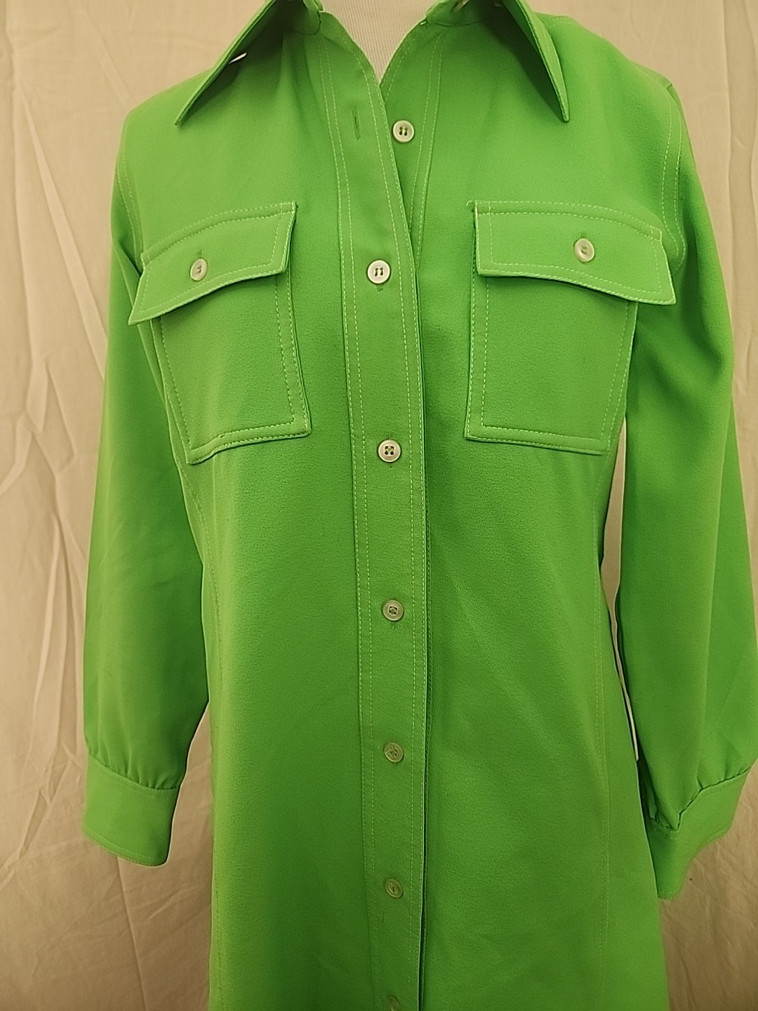 Sir James Hong Kong 1970s lime green long-sleeve collared shirt dress Small