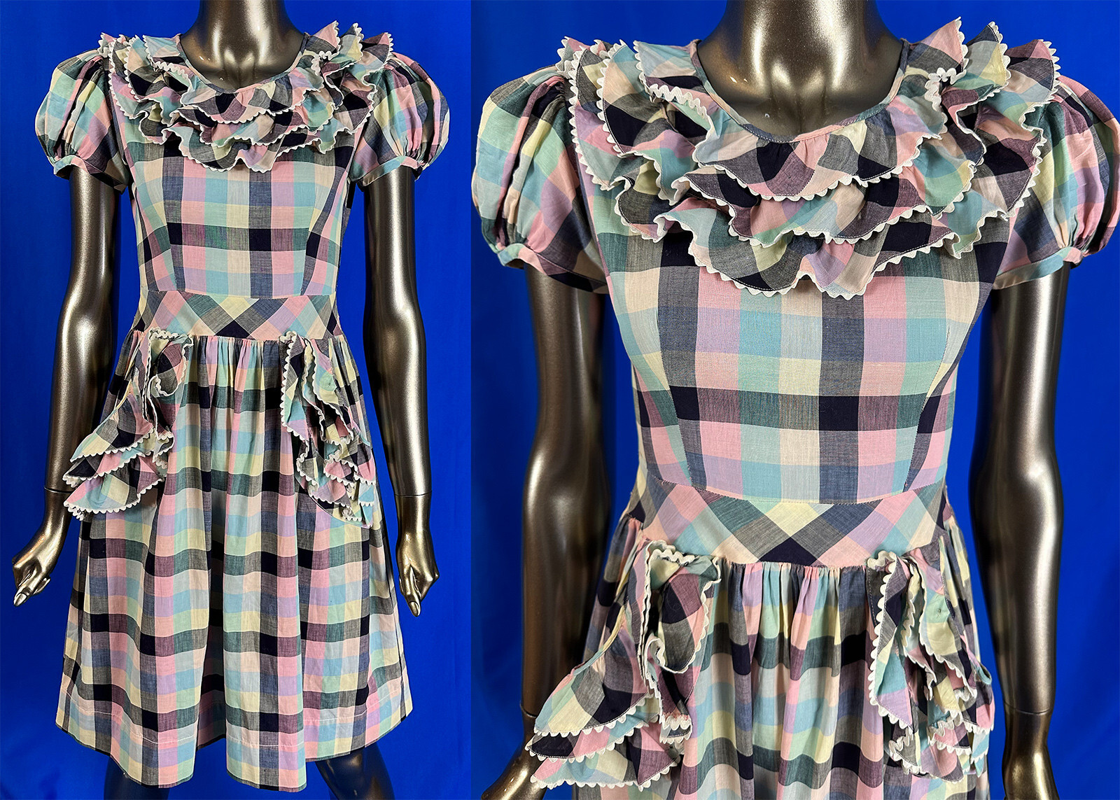 Vintage Pink Blue Black & White Cotton Gingham Plaid Ruffle Rickrack Trim Dress