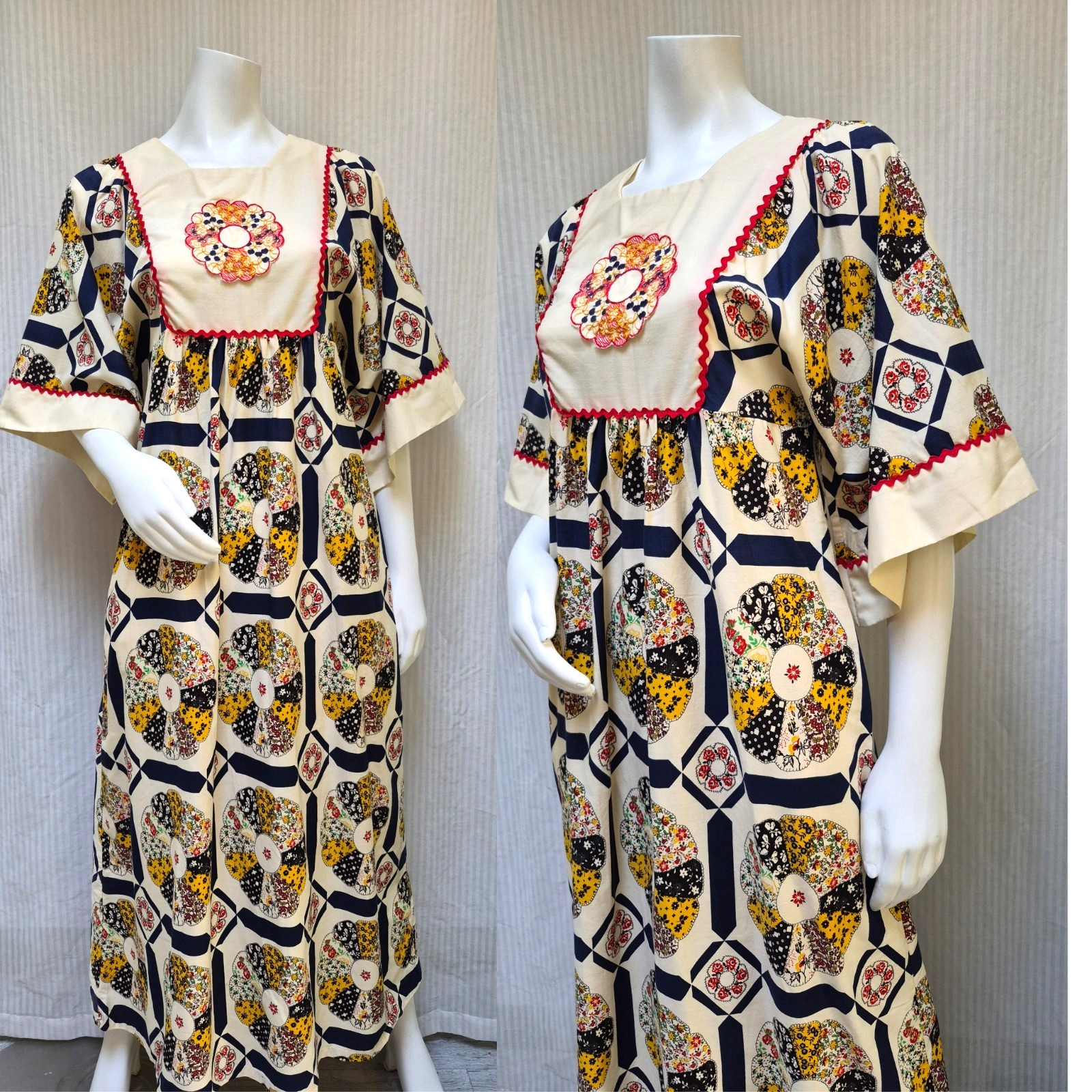 Vintage 60s JCPenney Hippy Patchwork Print Kaftan Maxi Dress Kimono Sleeve – S