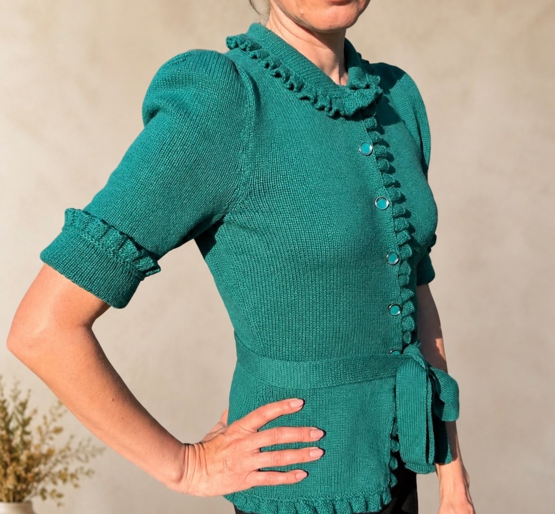 Wool Cashmere Knit Cardigan, Wool Sweater, Handmade Vintage Green Belted Blouse