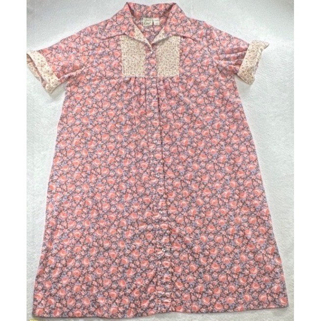 Vintage Studio Coat Floral House Dress Pearl Snap Front Pintuck Bib USA Large
