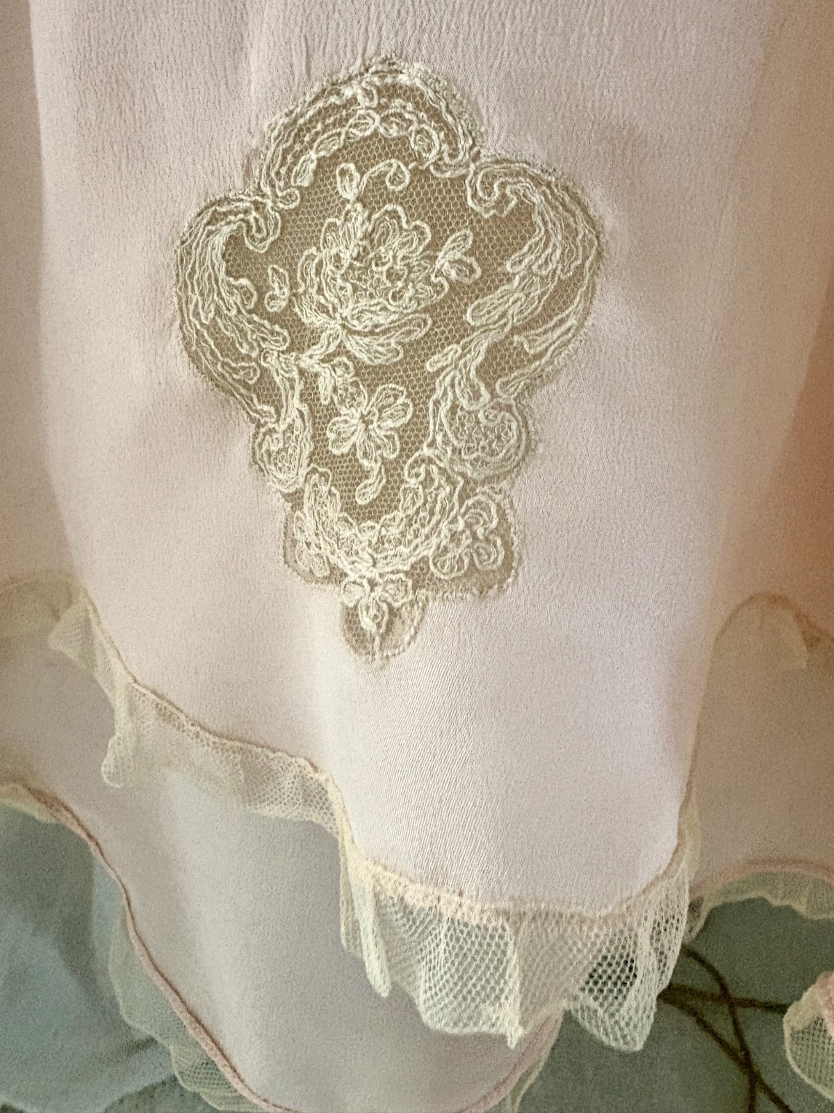 1930s Pink Silk and Lace Maxi Flapper Slip Dress with applique flowers