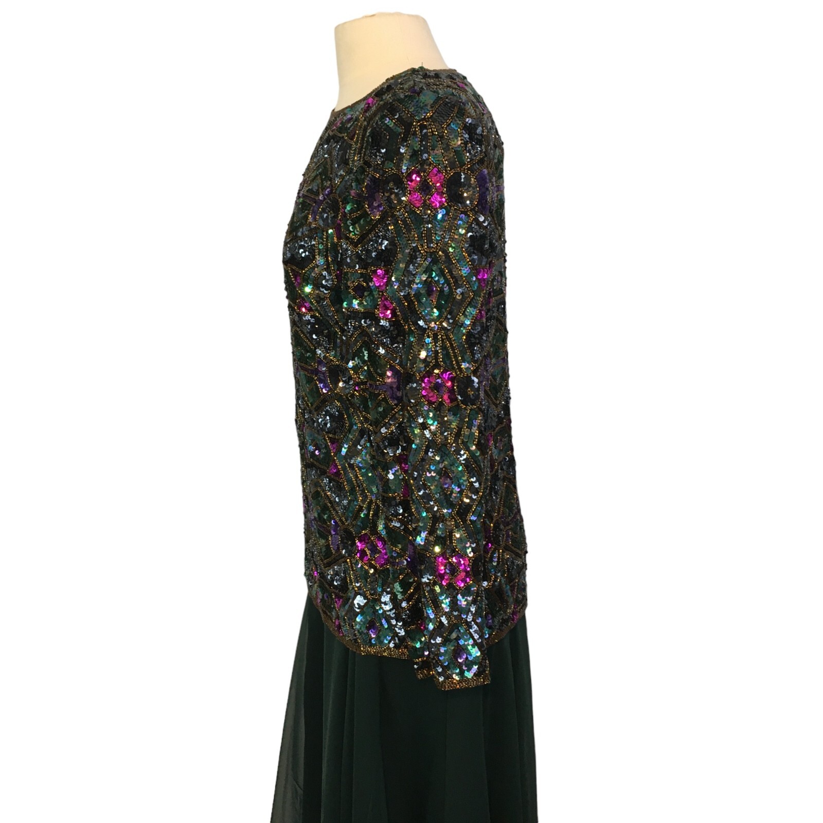 Joan Leslie Studio Vintage Silk Sequin Top and Green Skirt, Evening Gown Dress M