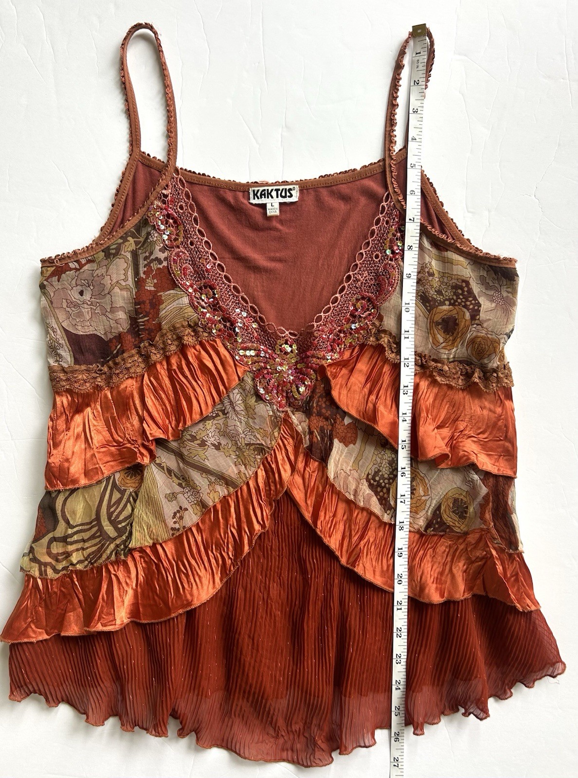 VTG Y2K Tiered Layer Floral Sequin Cami Tank Silk Blend Fairy Goblin Whimsy LARG