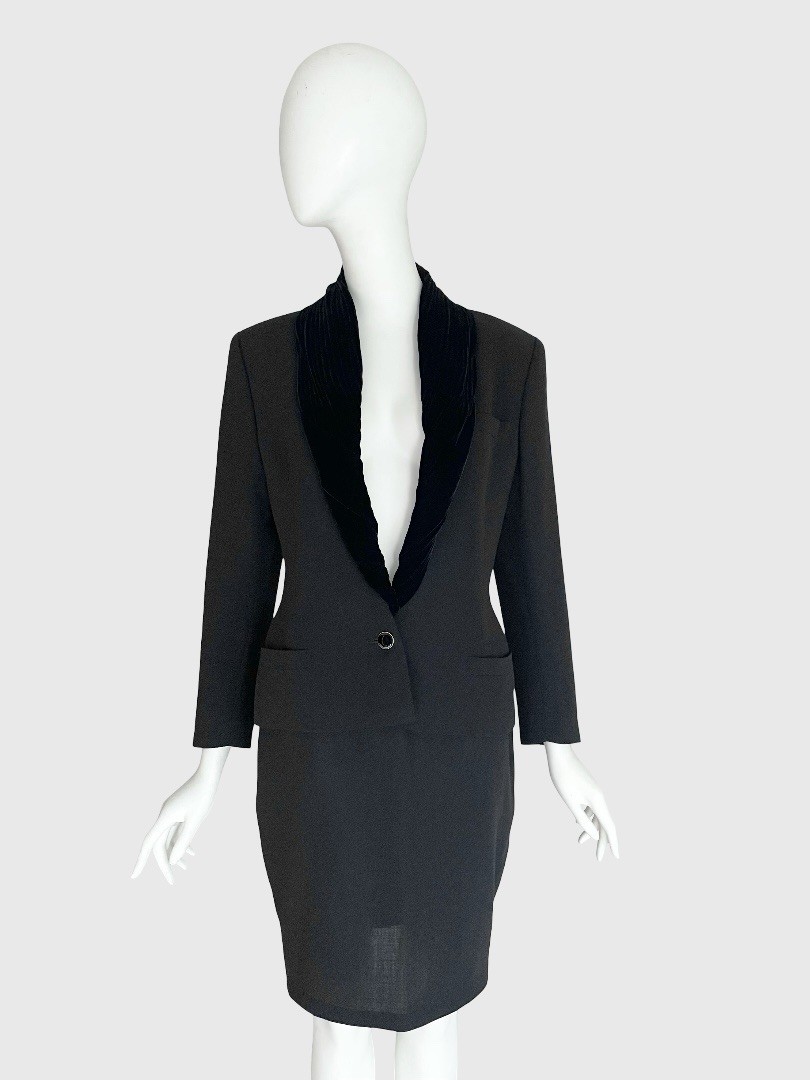 Vintage 1980s Gianni Versace Black Wool Velvet Twist Trim Skirt Suit Set Jacket