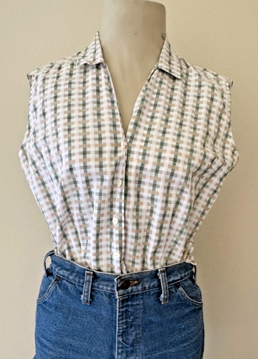 Vintage 60s Ship n Shore Thin Cotton Button down sleeveless M/L Top White &Green