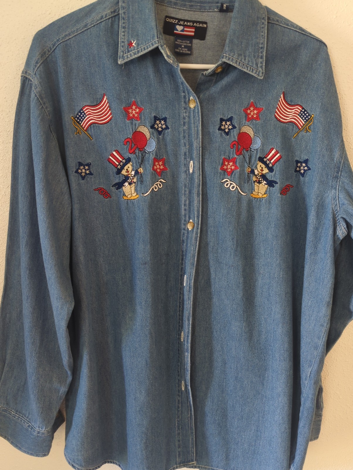 Vtg Quizz Jeans Embroidered Denim Button Up Long Sleeve Shirt Lg Patriotic USA
