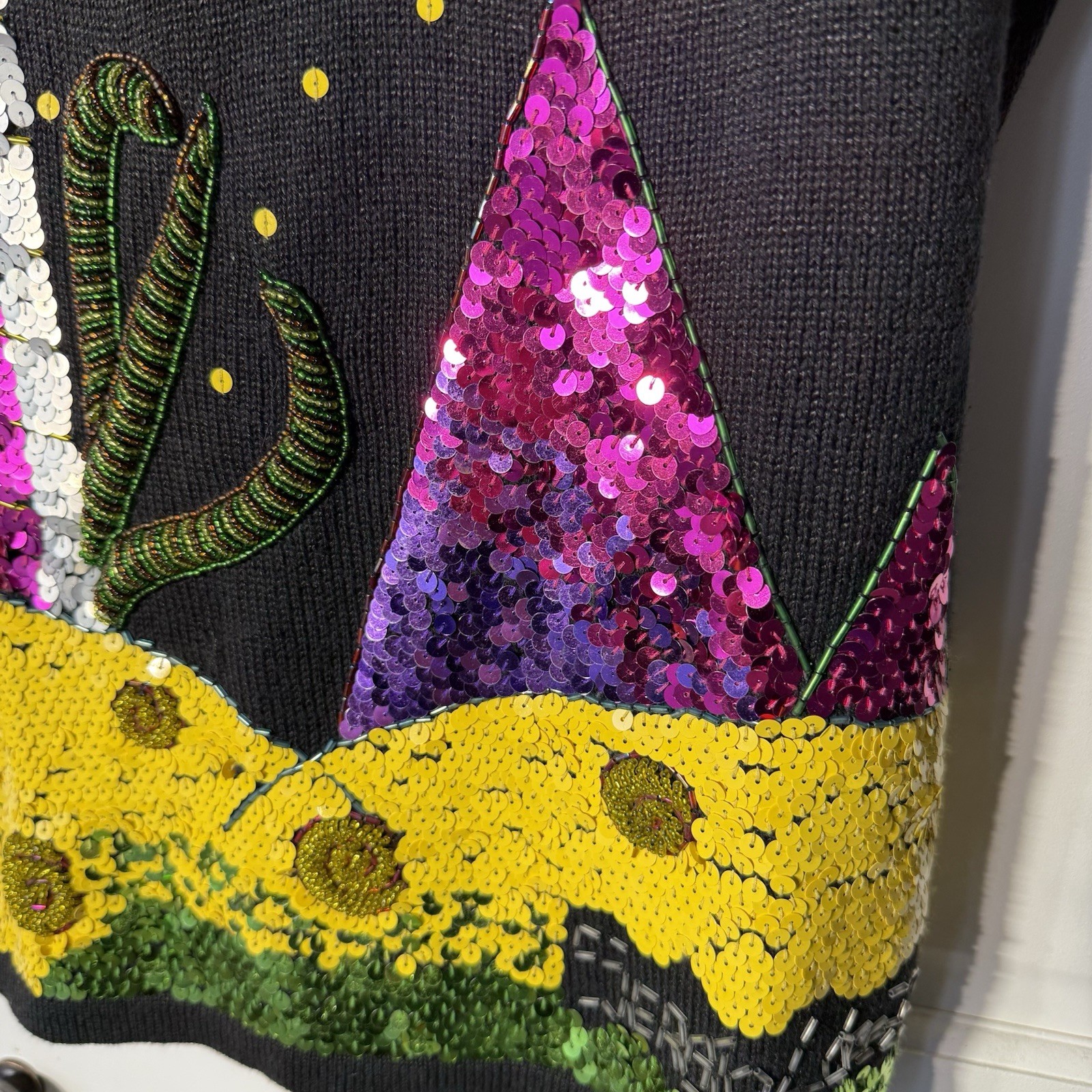 VTG Semplice Sequin Palm Tree Sweater M Black Pop Art Shoulder Pads Beach