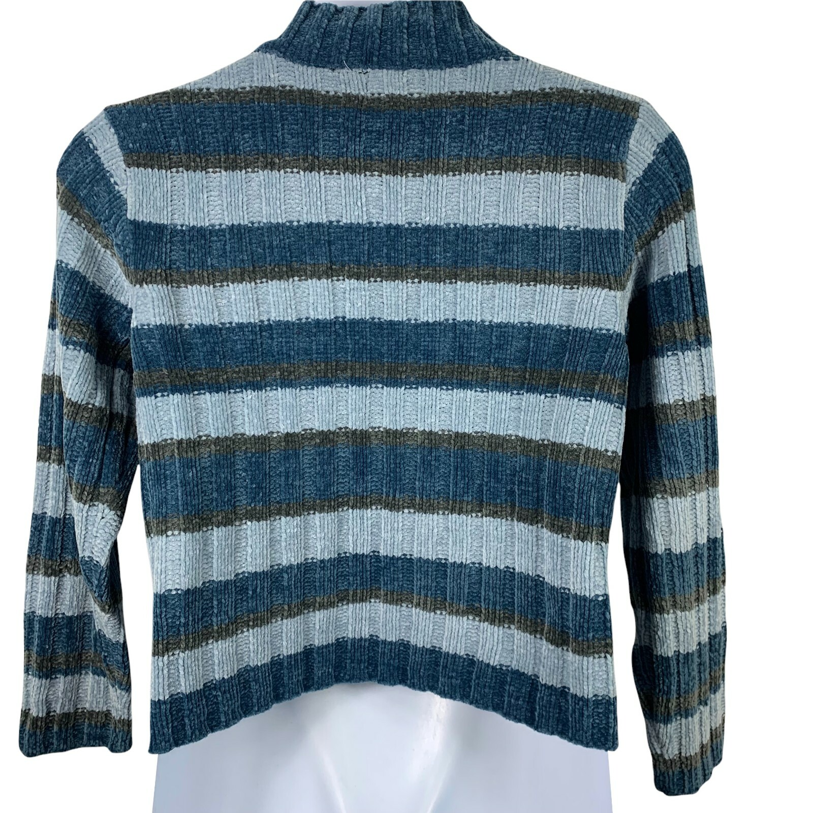 Vintage Sweater Size PS Chenille Reference Point Blue Striped Mock Neck Pullover