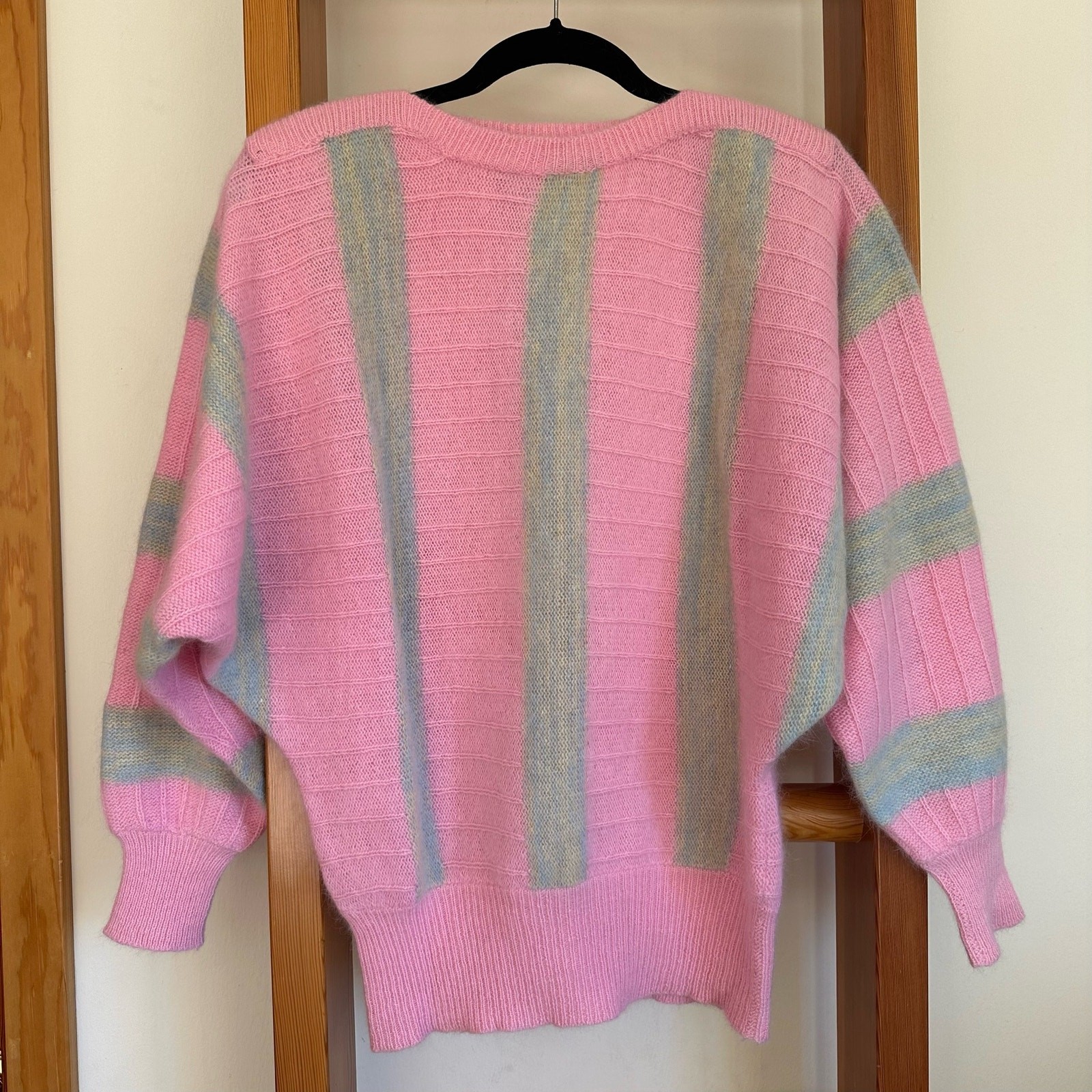 VTG 70s Striped Mohair Dolman Sleeve Boatneck Sweater Pastel Pink Mint