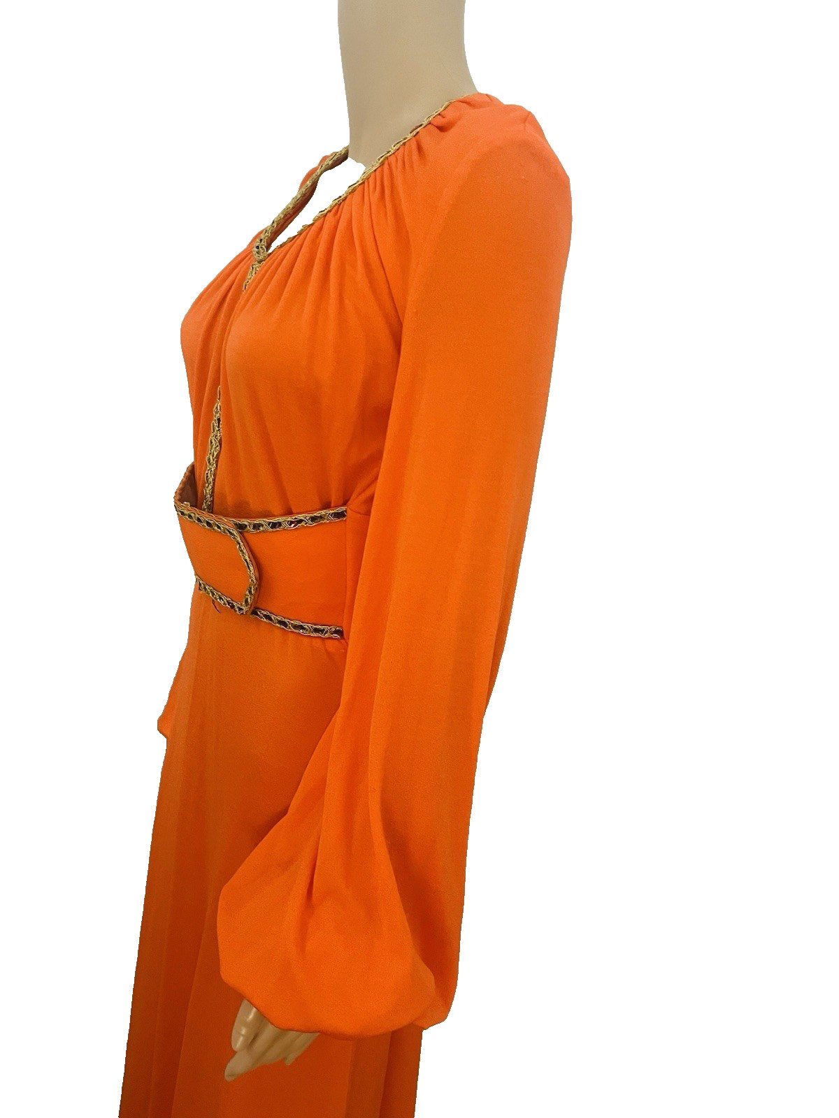 VTG 70s Funky Mod Orange Belted Maxi Dress Sexy Plunging Keyhole Front/Back Med