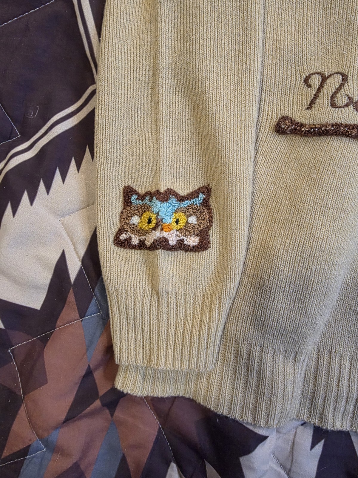 Vtg 70s Cyn Les Nobody&rsquo;s Perfect Owls Embroidered Sweater Beige Womens Large