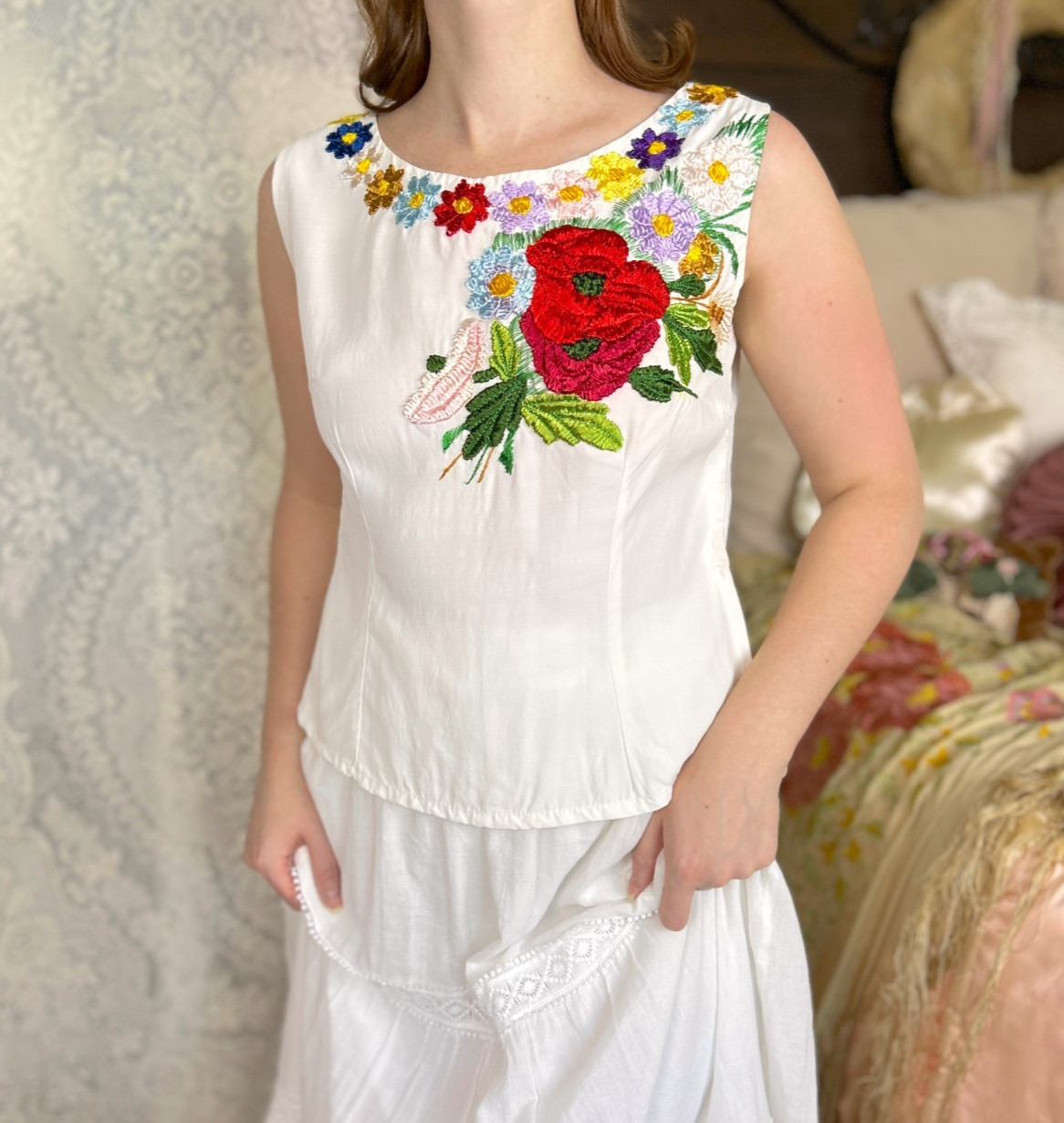 Vintage 1960s Hand-Embroidered White Sleeveless Top, Colorful Floral Folk Blouse