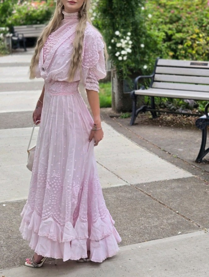 1910 Edwardian Cotton And Lace & Roses! PINK tea Dress, 26&Prime; Waist. Rare Beauty!