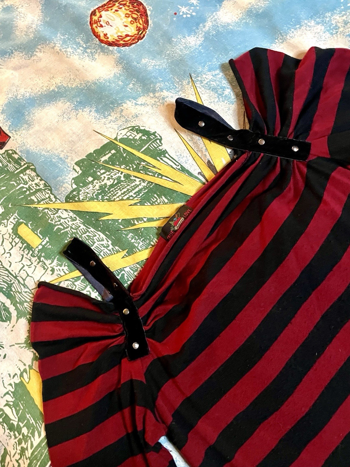 Y2K Off-Shoulder Red & Black Striped Goth Top w/ Strap Detail | Grunge Mall Alt