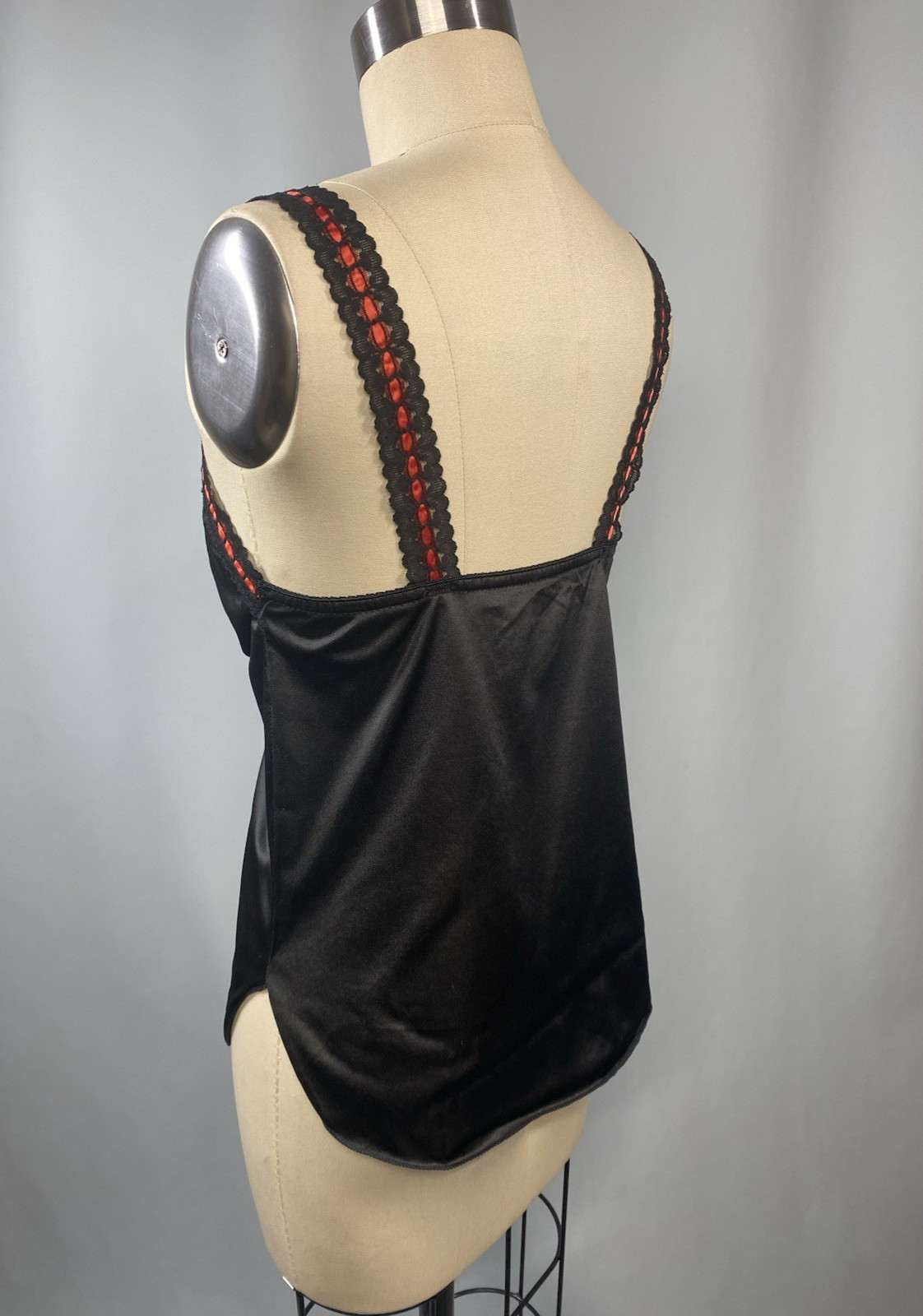 Vintage Camisole Top SIZE SMALL black red bow 70s 80s sexy cami nylon