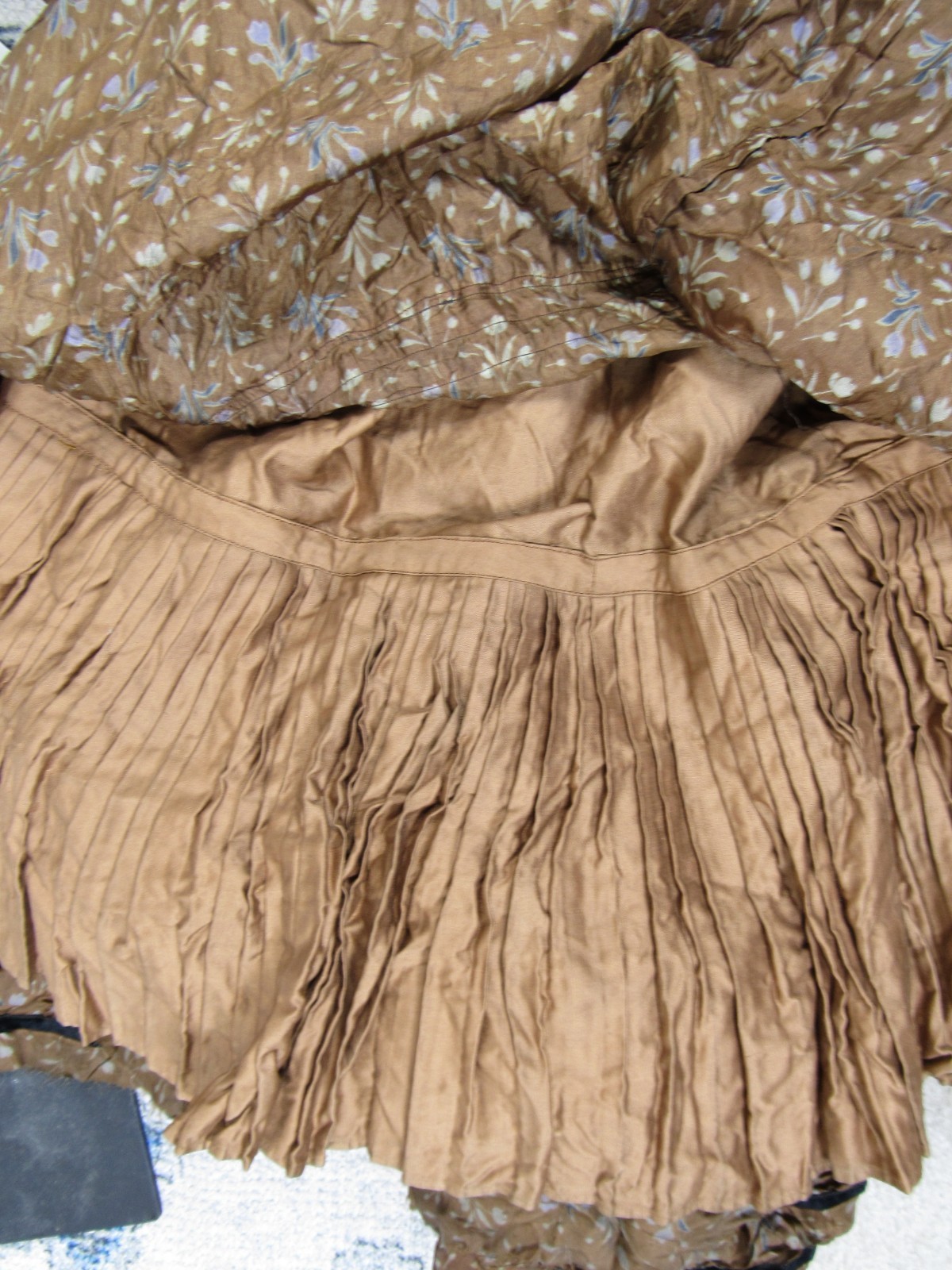 Antique Victorian 1890s Brown & Blue Silk Floral Calico Print Dress Maxi Vintage