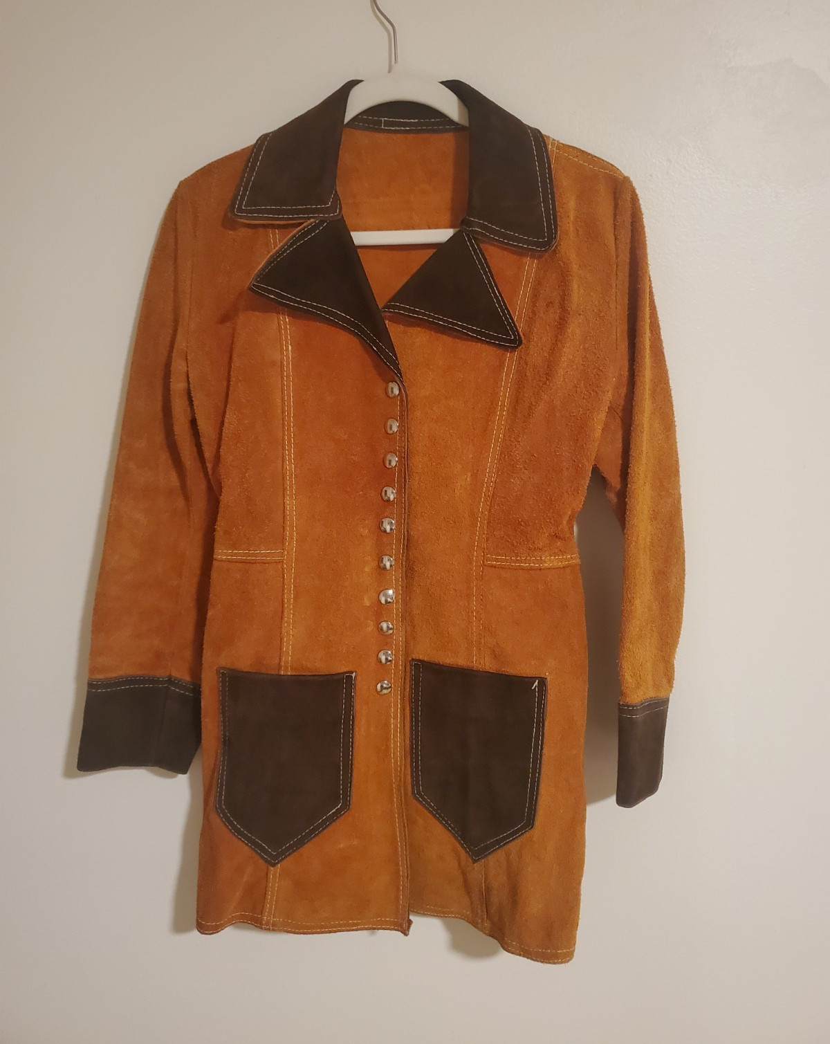 1960s 1970s Women&rsquo;s Orange/Brown Snap Front Belted Jacket, Contrast Stitch