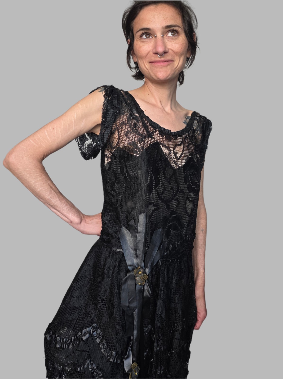 Authentic Edwardian Black Silk Lace Dress | Antique 1910s Drop Waist Gown | Hip