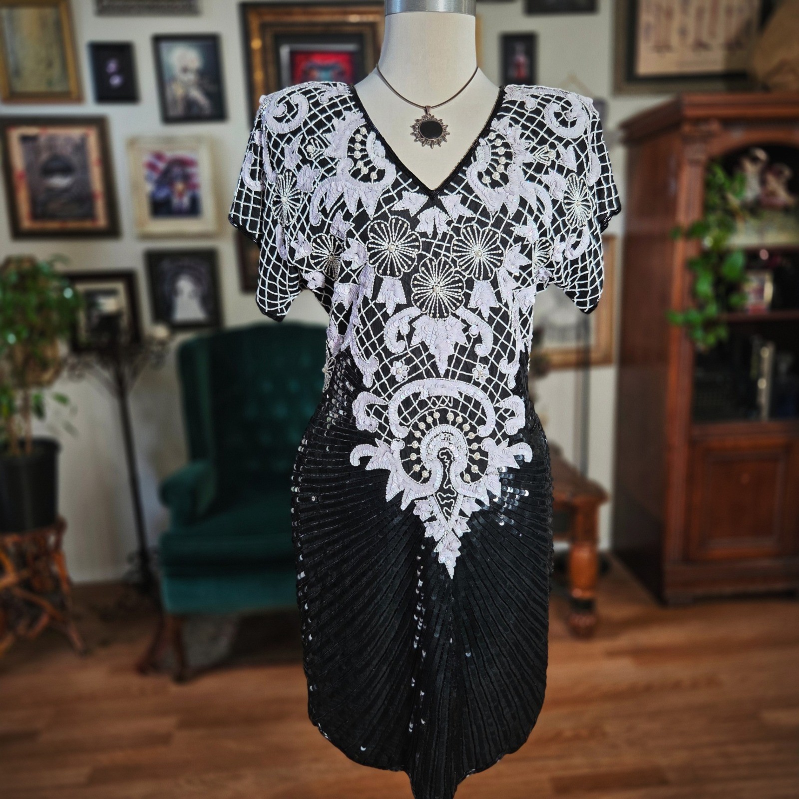 Vintage 90s Stenay 100% Silk Beaded Sequin Cocktail Black Midi Dress Retro