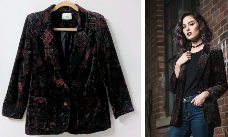 Vintage 70&rsquo;s Campus Casuals Velvet Burgundy Floral Witchy Blazer Jacket S