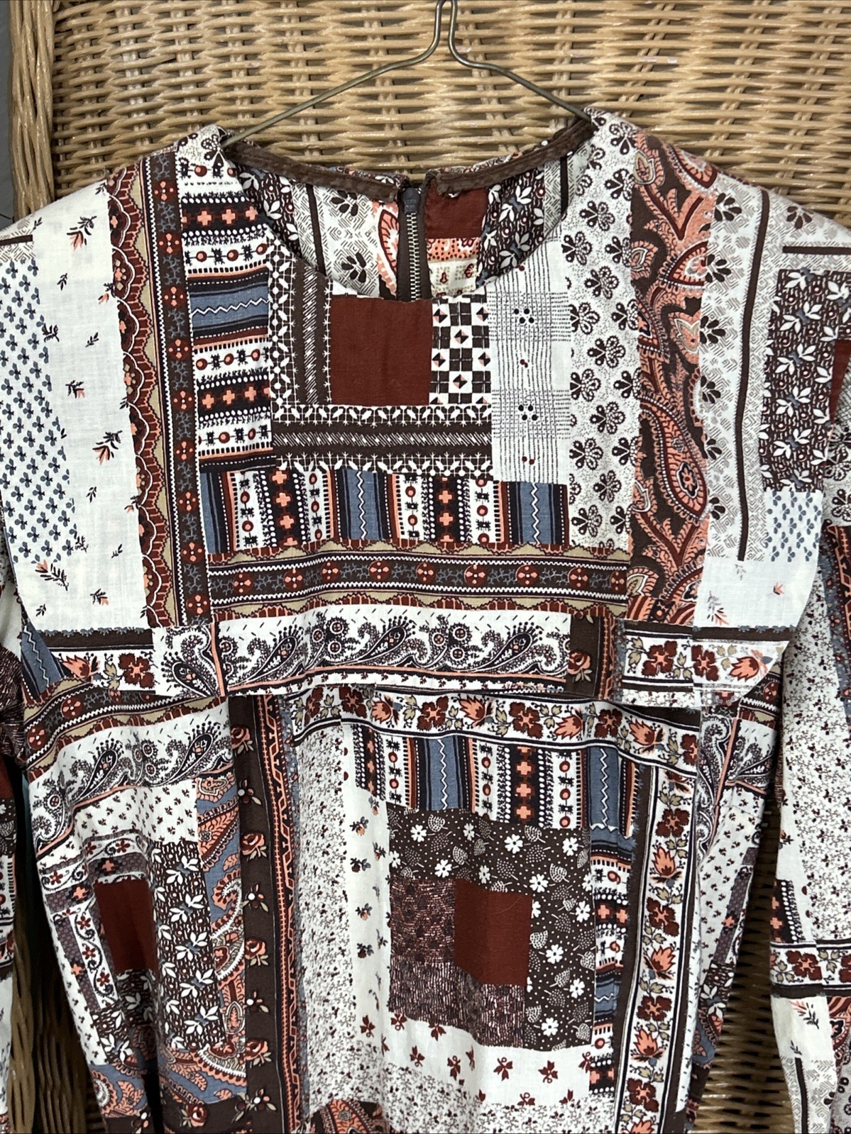 Vintage Patchwork Dress Prairie Removable Collar Homemade Brown Beige Blue