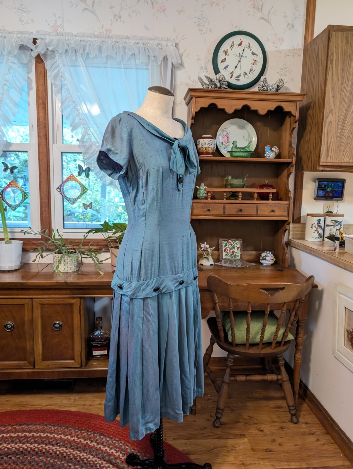 (s/m) EVENING ENIGMA! 1920s Two-Toned Silk Drop Waist Dress TEAL PURPLE Antique