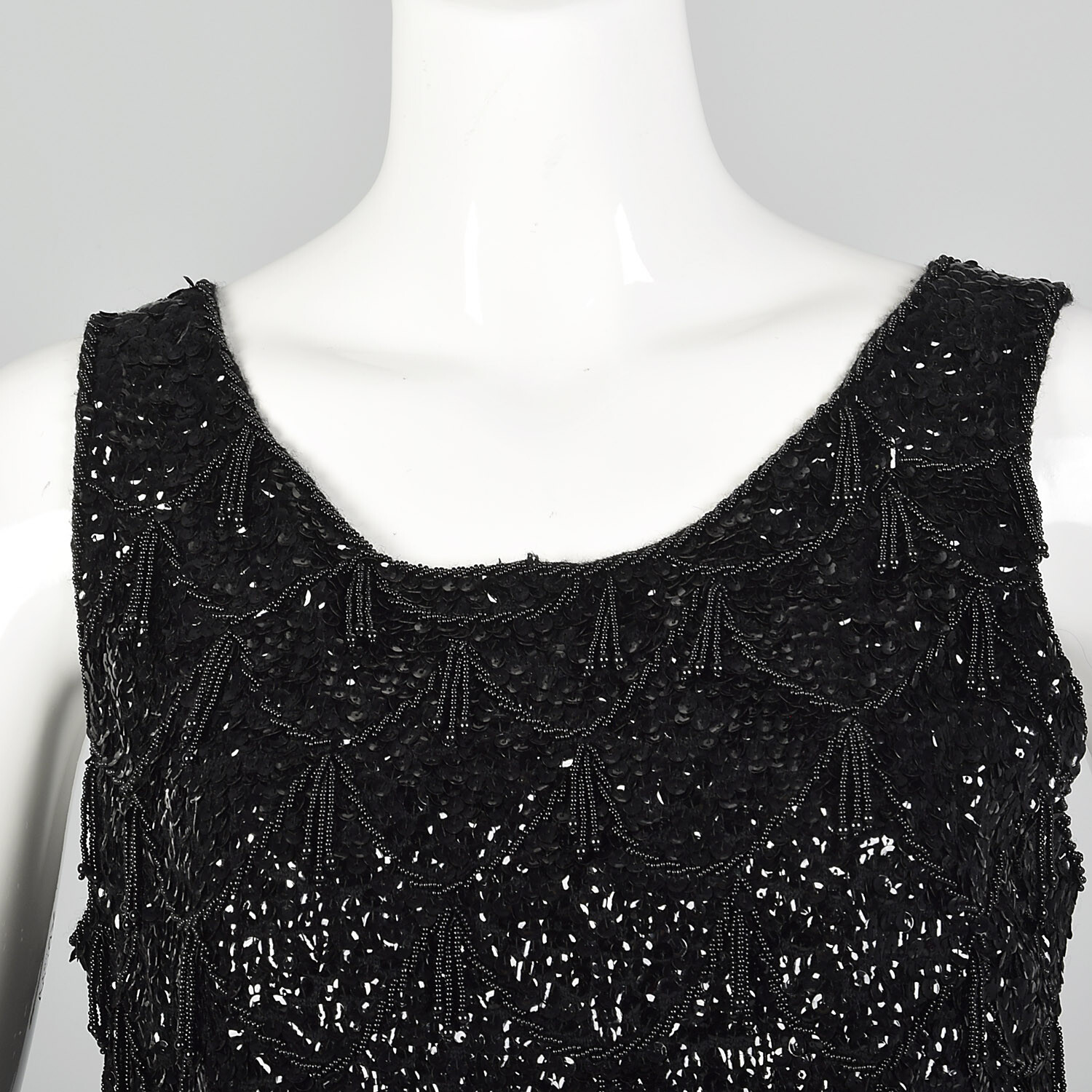 Medium 1960s Sleeveless Black Beaded Blouse 60s Knit Tank Vintage Sequin Top VTG