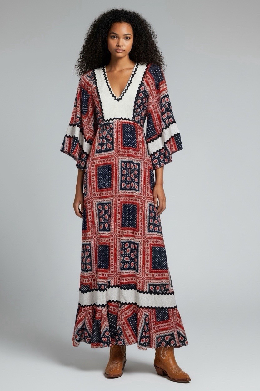 1970s Vintage Edwardian Arpeja Bandana Print Maxi, Sz 11