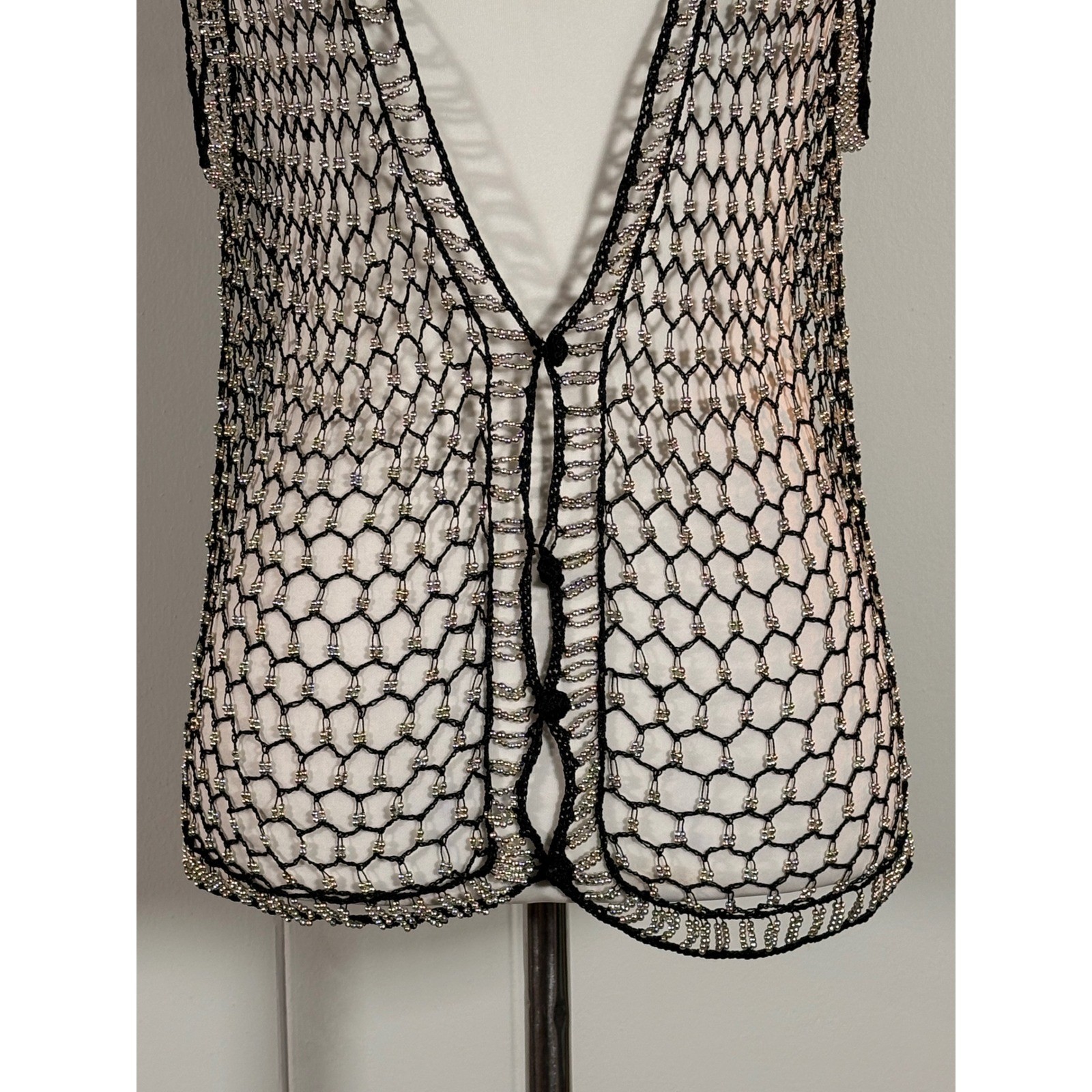 Vintage 90s Crochet Beaded Vest Women&rsquo;s M Boho Hippie Retro Goth Glam Festival