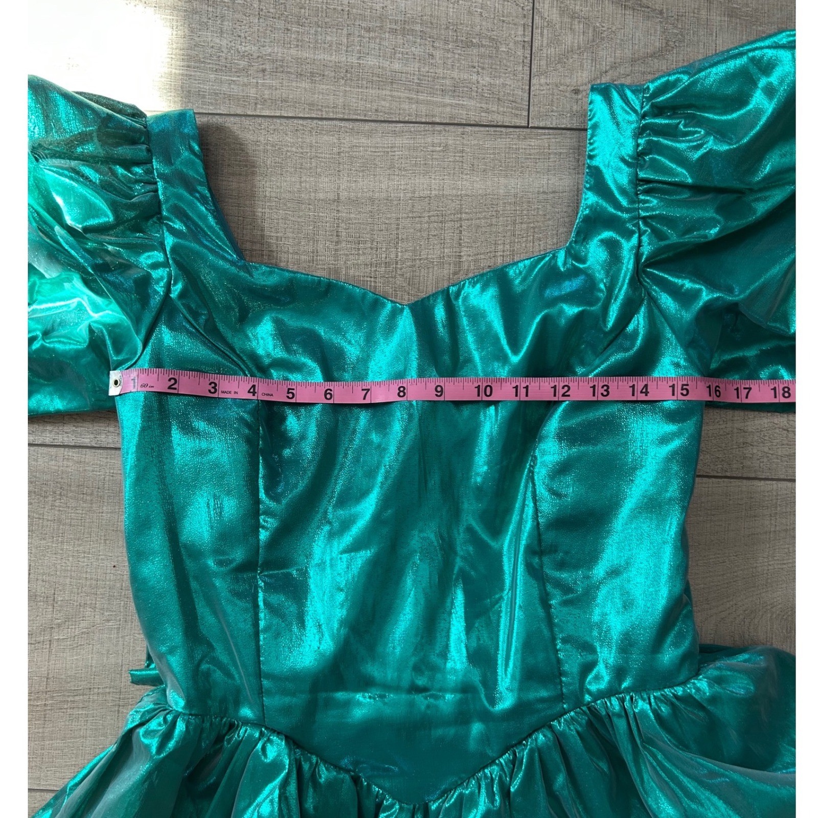 Vintage 80s Metallic Teal Green Puff Sleeve Tiered Ruffle Party Dress Large Bow