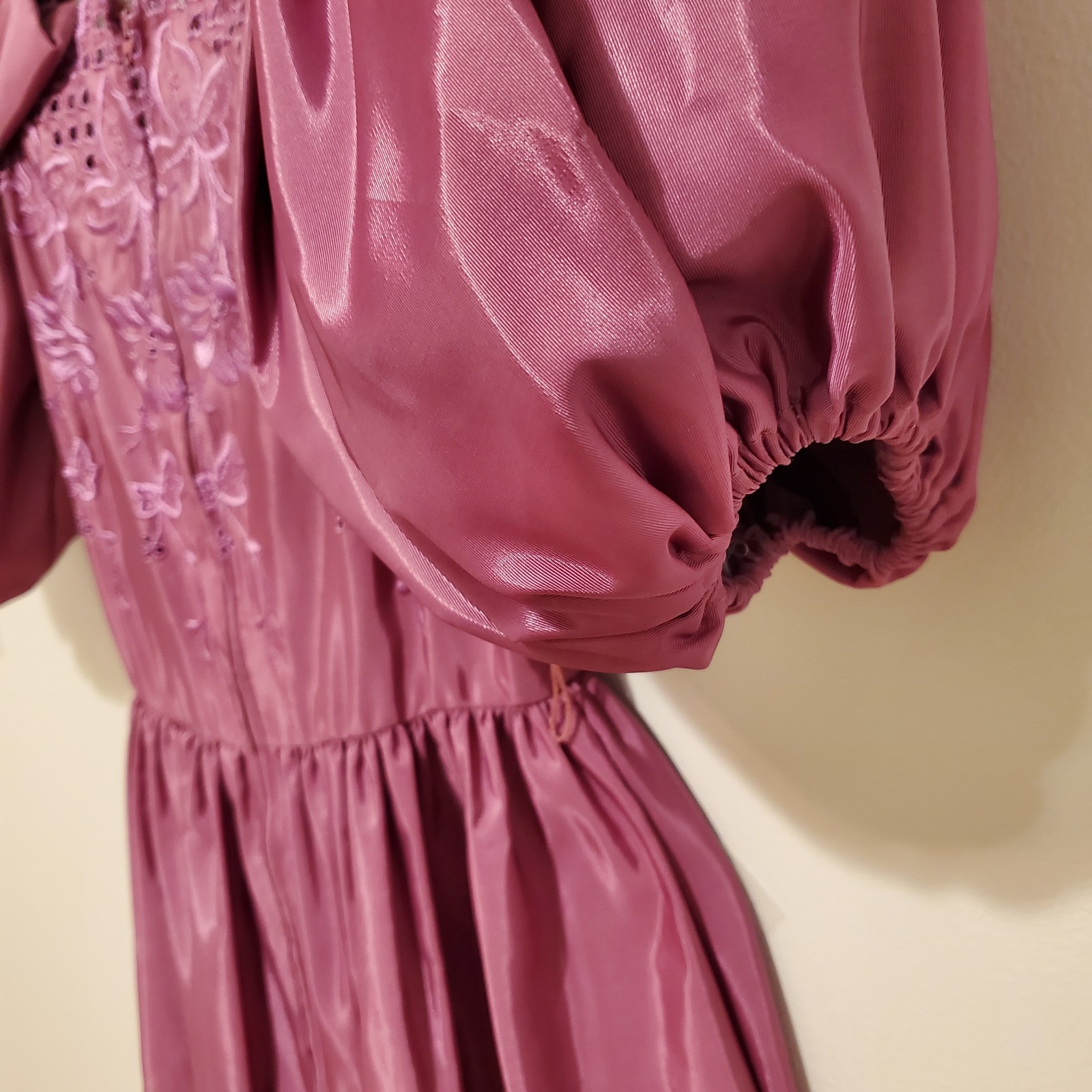VTG Puff sleeve off shoulder taffeta mauve Prom Gown Dress 5/6 USA Union Made