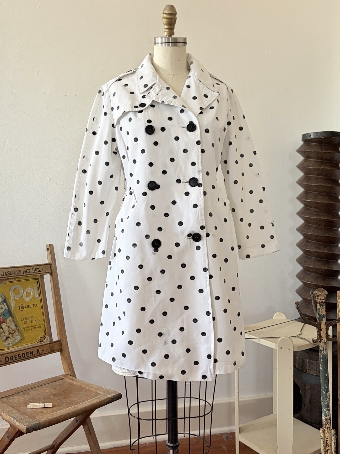 1960s Polka Dot Print Faille Trench Coat Double Breasted Jacket Jackie O 50s