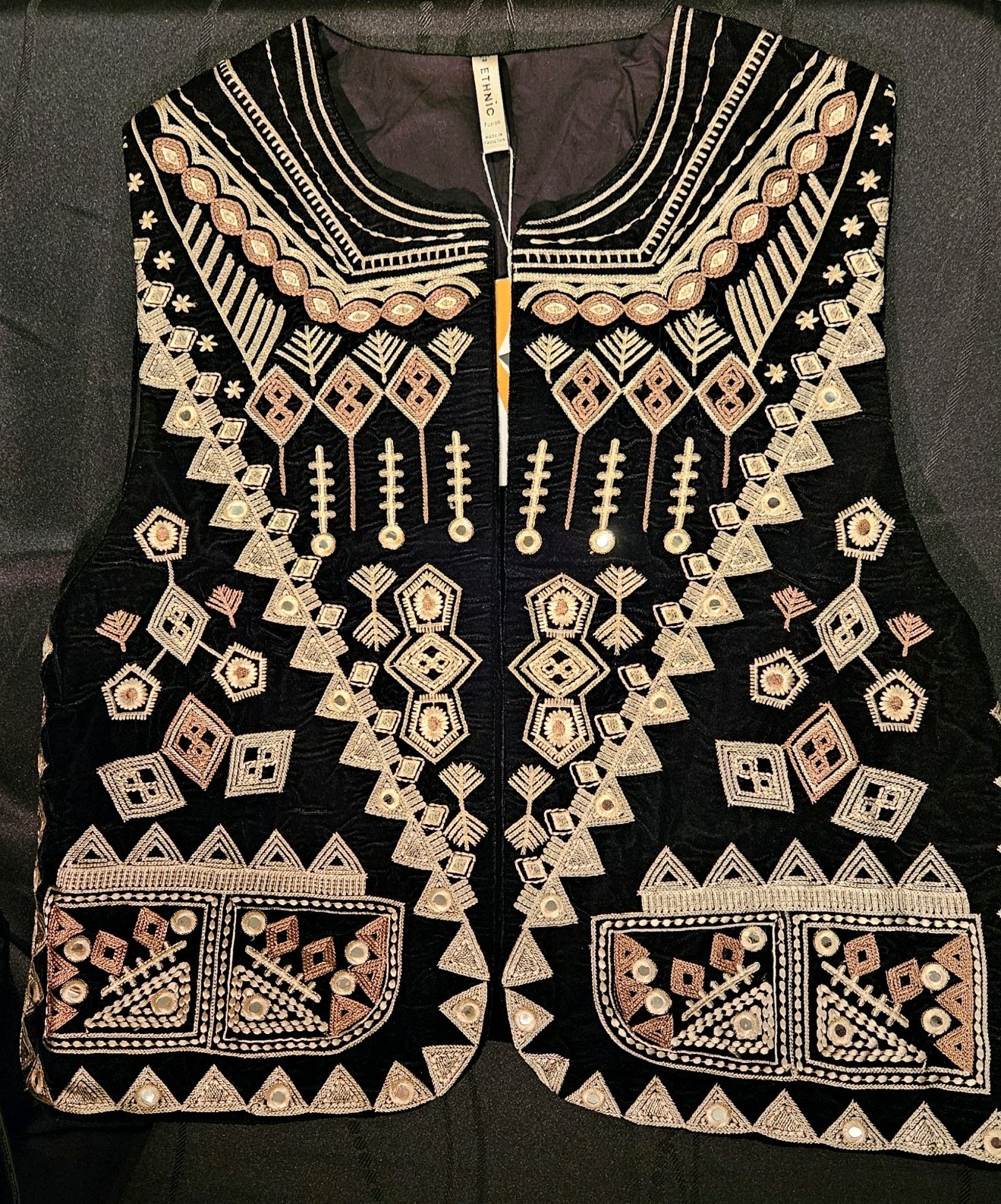 Black Velvet Mirror Work Embroidered Ethnic Vest Waistcoat New With Tags Boho