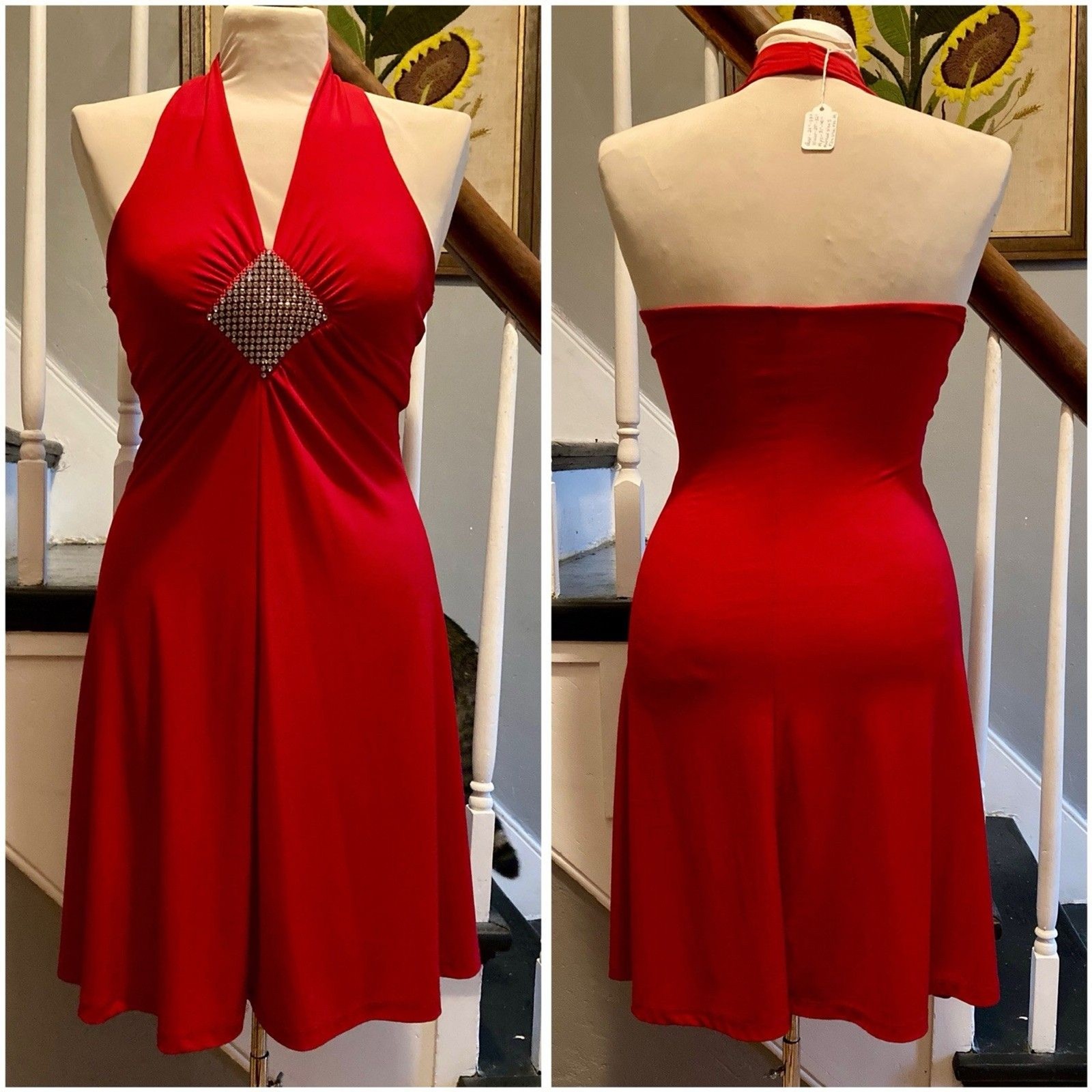 Late 1990s Early 2000s Y2k Slinky Red Halter Dress Sexy Rhinestones Mini Beach