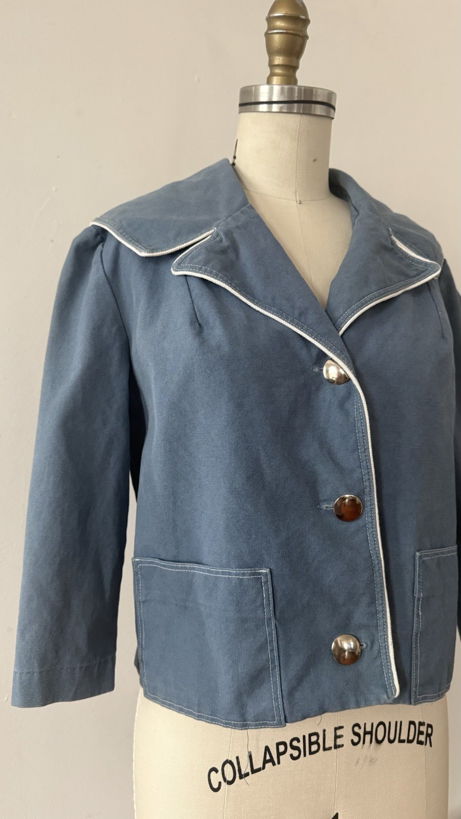 1950s Sailor Collar Cropped Jacket Dusty Blue Rayon Faille Nautical Sportswear
