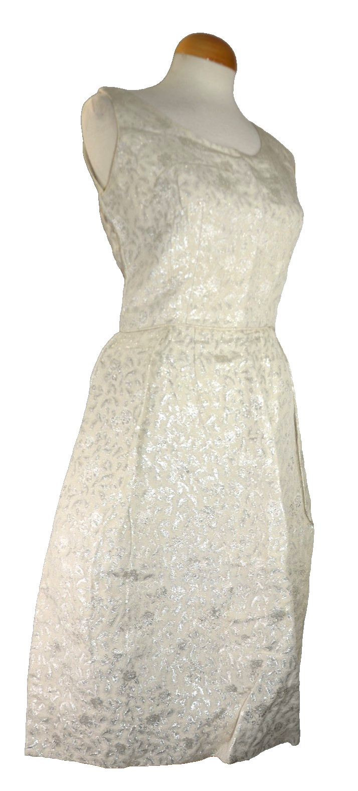 Metallic Brocade Dress Cocktail Floral Jacquard 60s Party Vintage Silver White