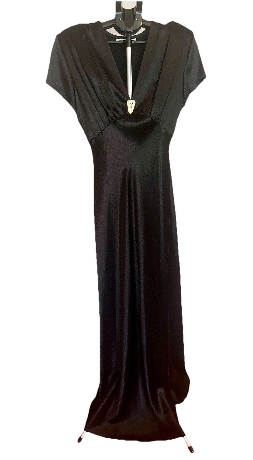 Vintage 40&rsquo;s Style Black Satin Gown By Miss Ashlee Rhinestone Accent Size 8