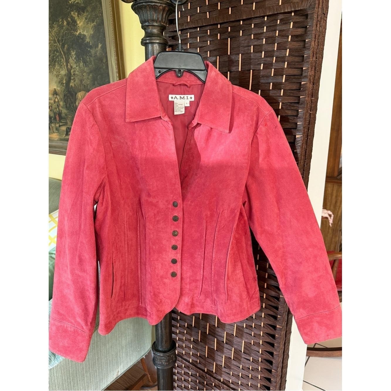 Vintage A.M.I. Pink Suede Leather Jacket Size L Pleated Corset Waist