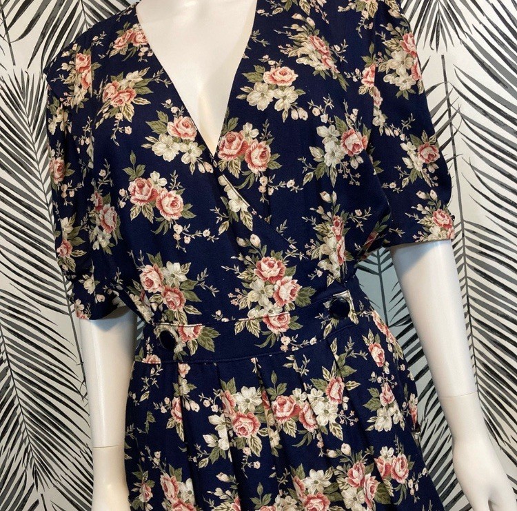 Vintage 1980’s Dark Floral Rose Print Midi Dress, Navy Blue and Pink, Size 12