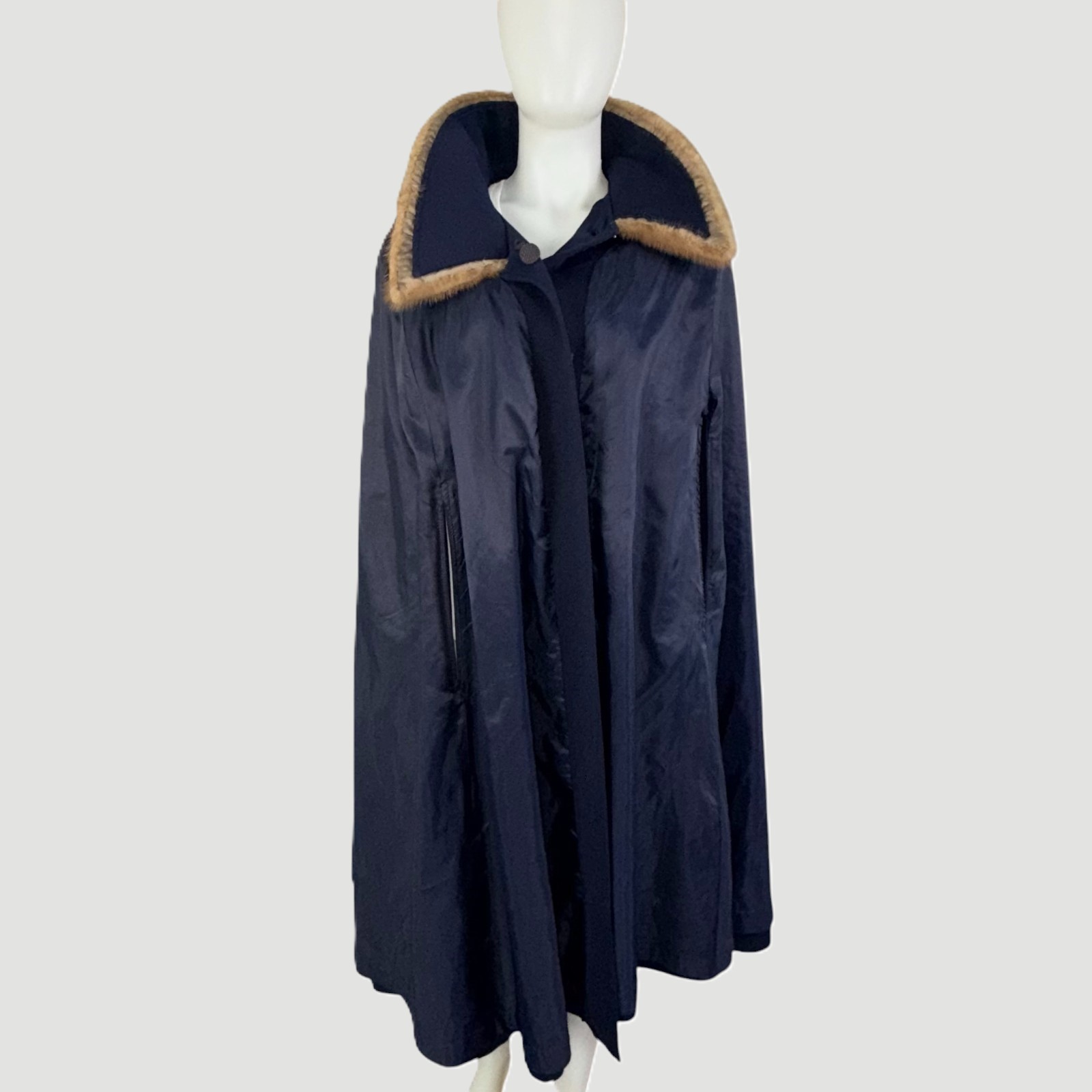 Vintage 1950s Opera Cape Cloak Navy Wool Fur Collar Swing Coat Satin Lined