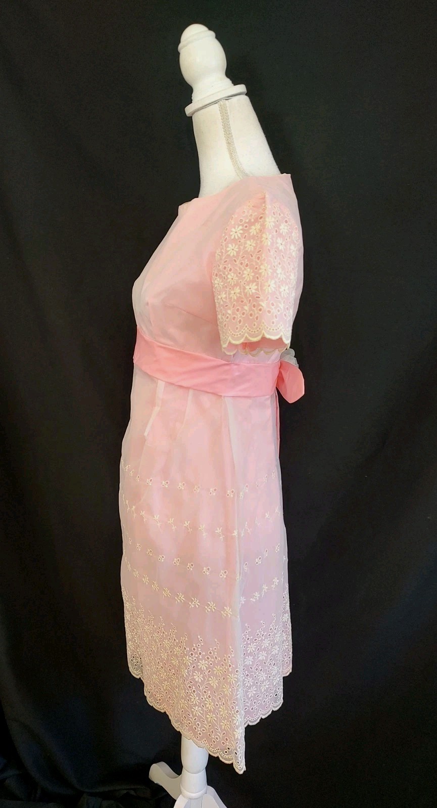 60&rsquo;s Vintage Pink Dress Eyelet Organza Taffeta Coquette Girly Short Sleeve XS/S