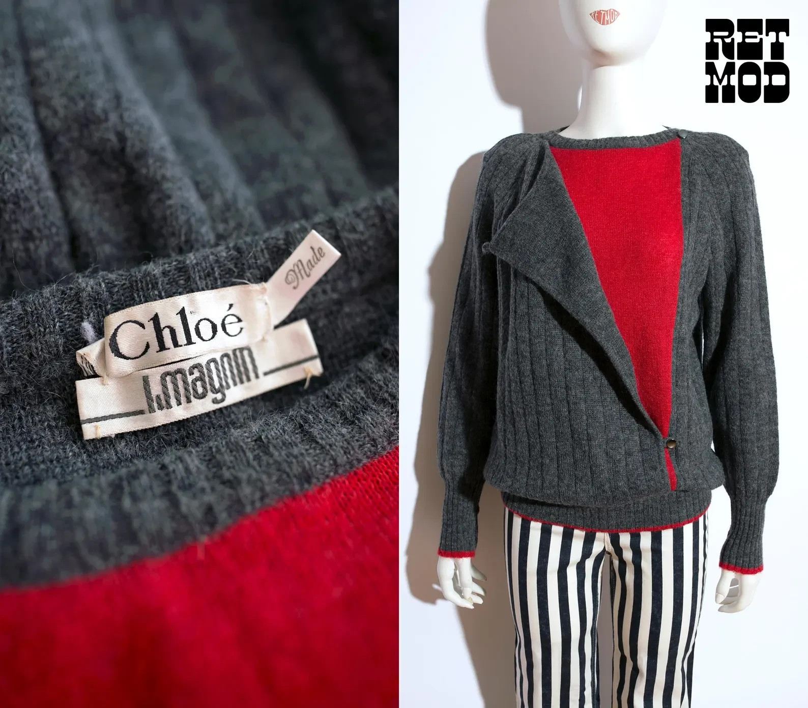 Nice Chloe Designer Vintage Early 80s Chic Gray Red Statement Sweater