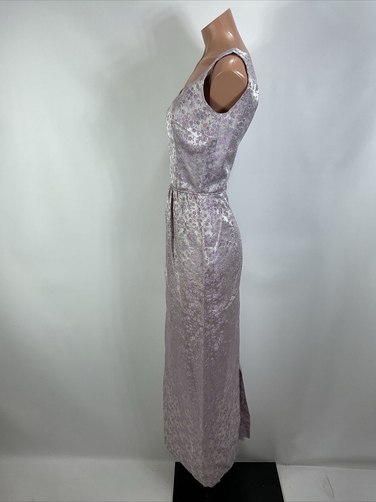 Vintage 40s Purple Jacquard Floral Metallic Formal Cocktail Dress Slit S/M